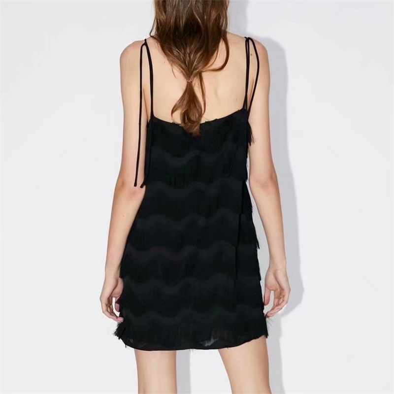 Sexy Women Cascading Tassels Chiffon Dresses Fashion Ladies Sweet Black Strap Dress Elegant Female Chic Mini Vestidos 210430