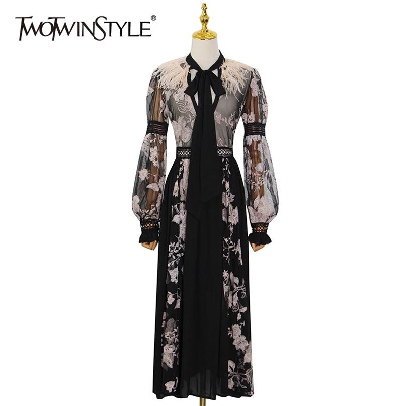 Perspective Black Dress For Women Bow Collar Lantern Long Sleeve High Waist Midi Dresses Female Spring Fashion 210520