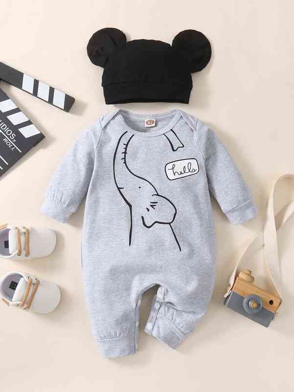 Baby Cartoon Elephant Print Jumpsuit & Hat SHE