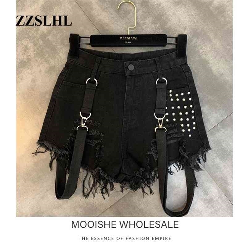 Spring Summer Liuding Hole With Shoulder Strap Trend Female Denim Shorts 210724