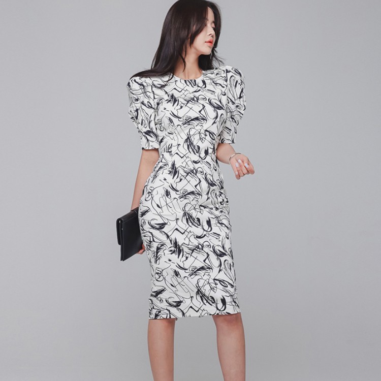 Summer Women Puff Sleeve Print Bodycon Dresses Korea Elegant Fashion O-Neck Office Pencil Party Dress Vestidos 210519