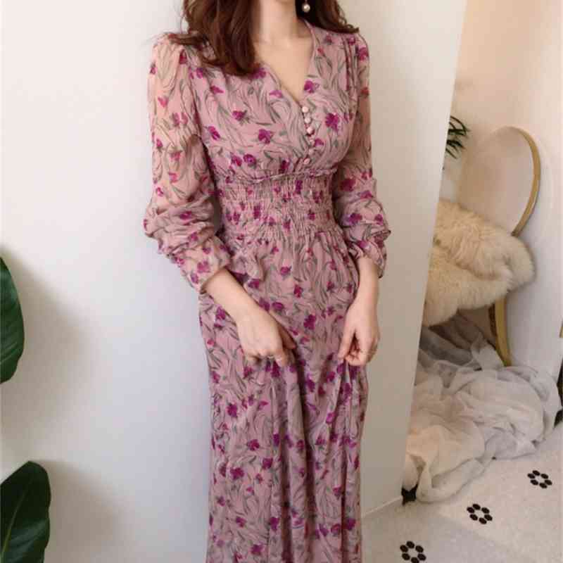 Elegant V-Neck Floral Printed Women Dress Long Sleeve Female Chiffon Vintage Midi es Vestidos 210520