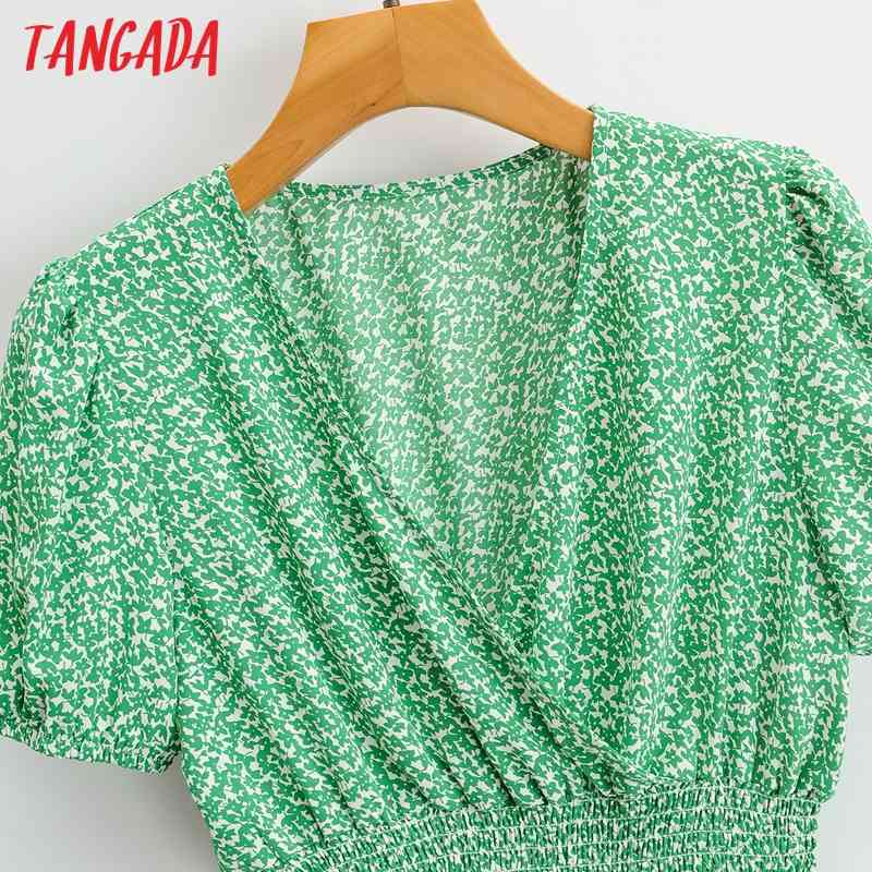 Summer Women Green Leaf Chiffon V Neck Short Sleeve Ladies Mini Dress Vestidos 1F103 210416