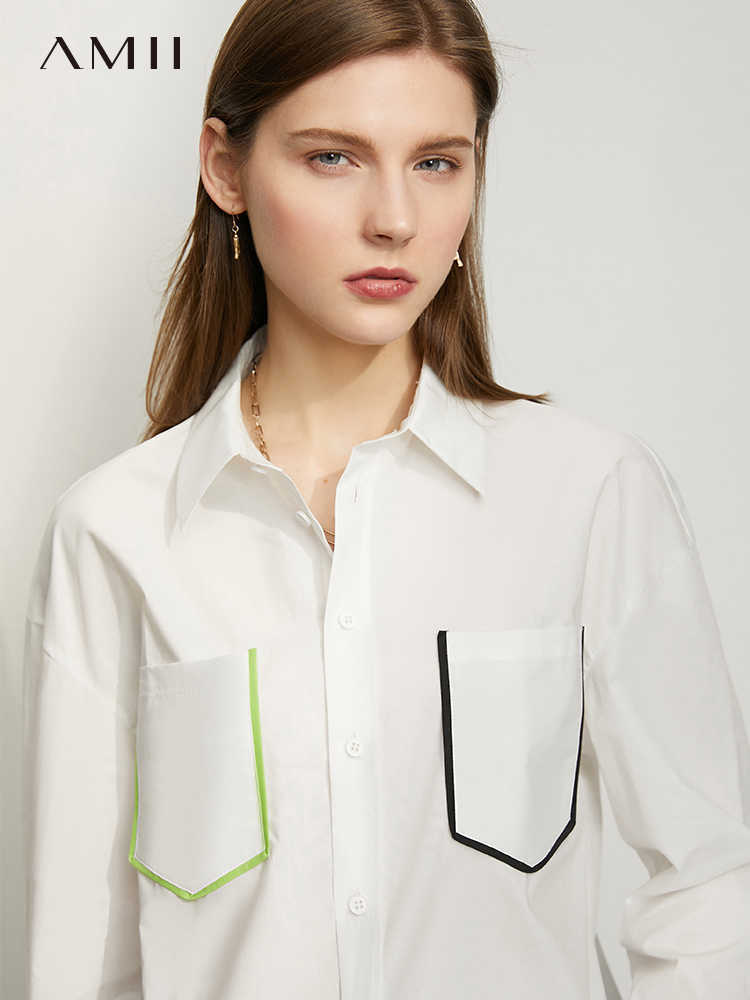 Minimalism Summer Women's Shirt Offical Lady 100%cotton Patchwork Lapel Full Sleeve Causal Tops 12170179 210527