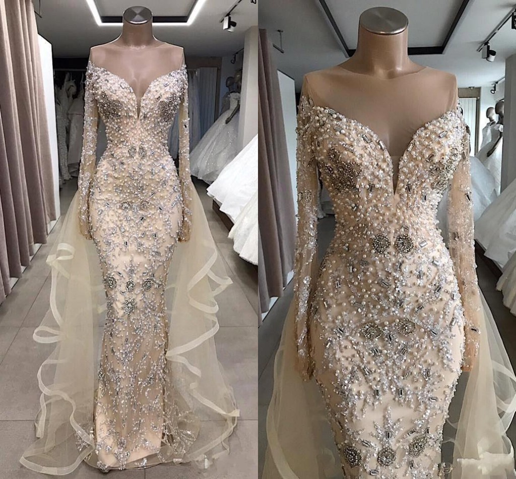 Luxury Pearls Beaded Evening Dresses Sheer Jewel Neck Crystal Beading Long Sleeves Sweep Train Prom Dress Mermaid Party Gowns, Coral
Luxury Pearls Beaded Evening Dresses Sheer Jewel Neck Crystal Beading Long Sleeves Sweep Train Prom Dress Mermaid Party Gowns, Coral