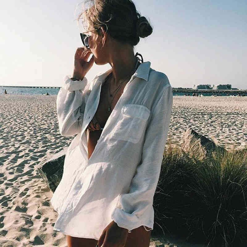White Cotton Tunic Bikini Cover-ups Sexy Summer Beach Wear Swim Suit Cover Up Causal Women Tops saida de praia pareo Q1069 210420