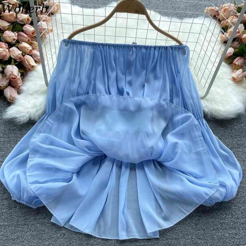 Off Shoulder Top Summer Chic Chiffon Blouse Puff Sleeve Shirt Korean Women Blusas Vintage Blouses Clothes 210519