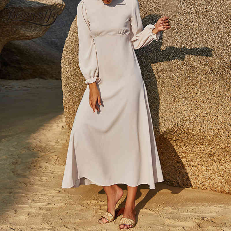 Crew Neck Solid Long Maxi Dresses Women Spring Summer Casual High Waist Sleeve Chiffon Fit and Frale Dress 210510