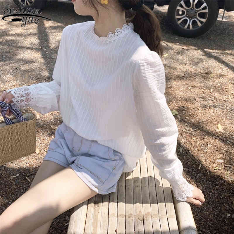 Blouse Women White Striped Ladies Tops Autumn Korean Cotton Shirt for Lace Casual Lantern Long Sleeve Pullover 10912 210427
