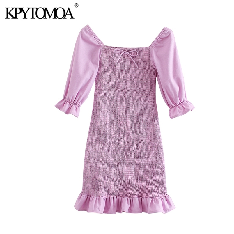 Women Chic Fashion Ruffled Stretch Slim Sheath Mini Dress Square Collar Short Sleeve Female Dresses 210420