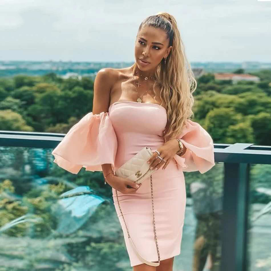 Autumn Women's Solid Color Puff Sleeve Mini Dress Sexy Strapless Tight Ladies Streetwear Costume 210525