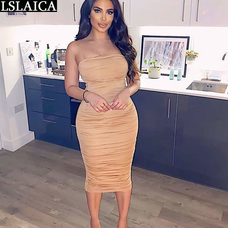 Fashion dress women high waist solid color Draped backless sexy spaghetti strap casual elegant wild party 210515