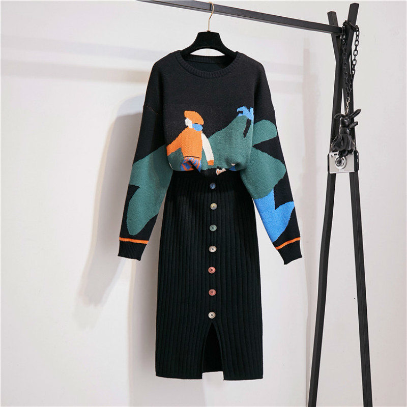 skirt High Quality Fall Winter Women 2 Cartoon Knitted Sweater Pullover + Single Breasted Split Pencil Two Piece Set 3YLI, Black
skirt High Quality Fall Winter Women 2 Cartoon Knitted Sweater Pullover + Single Breasted Split Pencil Two Piece Set 3YLI, Black