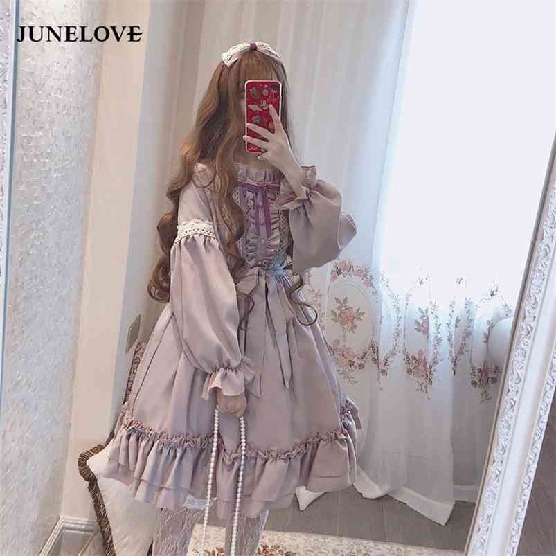 Alice In Wondeland Cute Women Lolita OP Dress Flouncing Lace Trim Japanese Harajuku Long Sleeves Doll Teen Fairy Vestidos 210623
