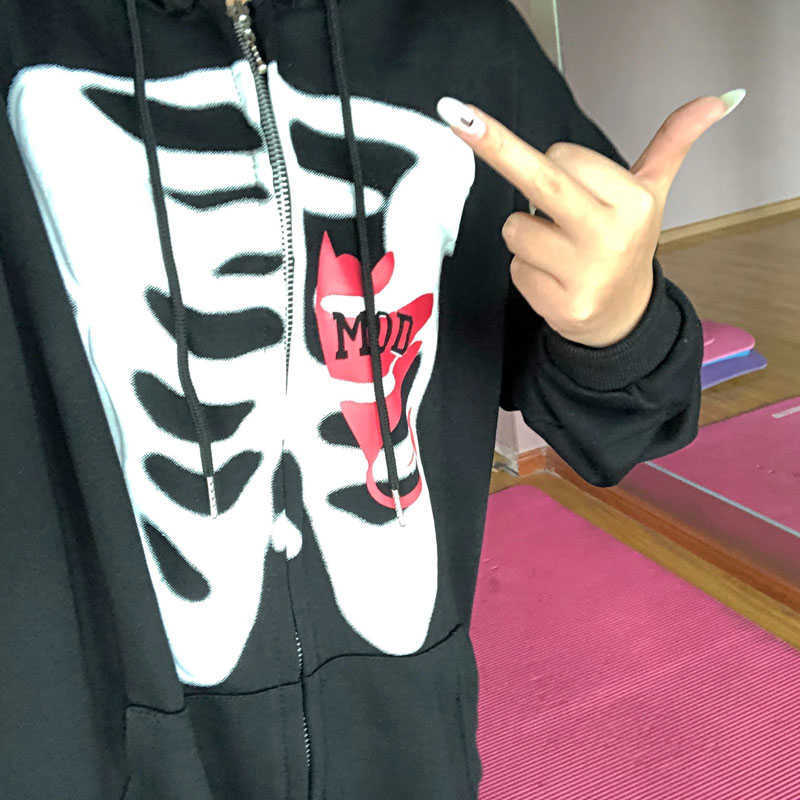 Stylish Bone Pattern Zipper Up Hoodies Streetwear Oversized Hooded Sweatshirt Women Long Sleeve Casual Harajuku Graphic Outwear 210910