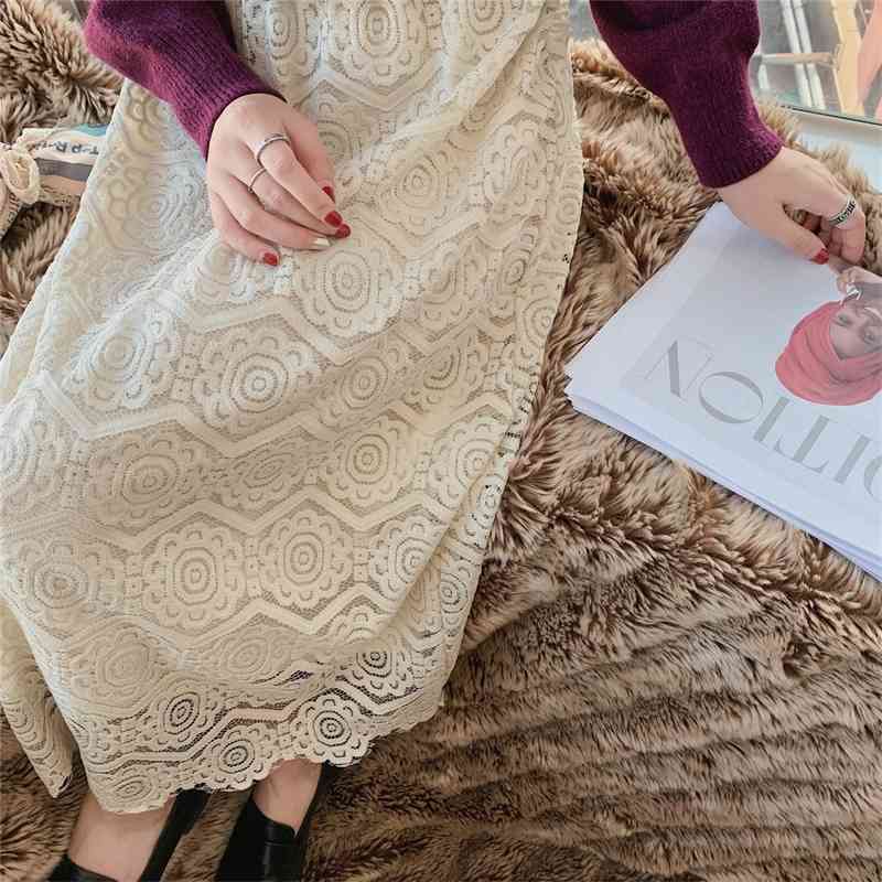 Women Sexy Lace Hollow Out Transparent Skirt Korean Fashion Summer Ladies Elastic High Waist Black Mujer Faldas 210520