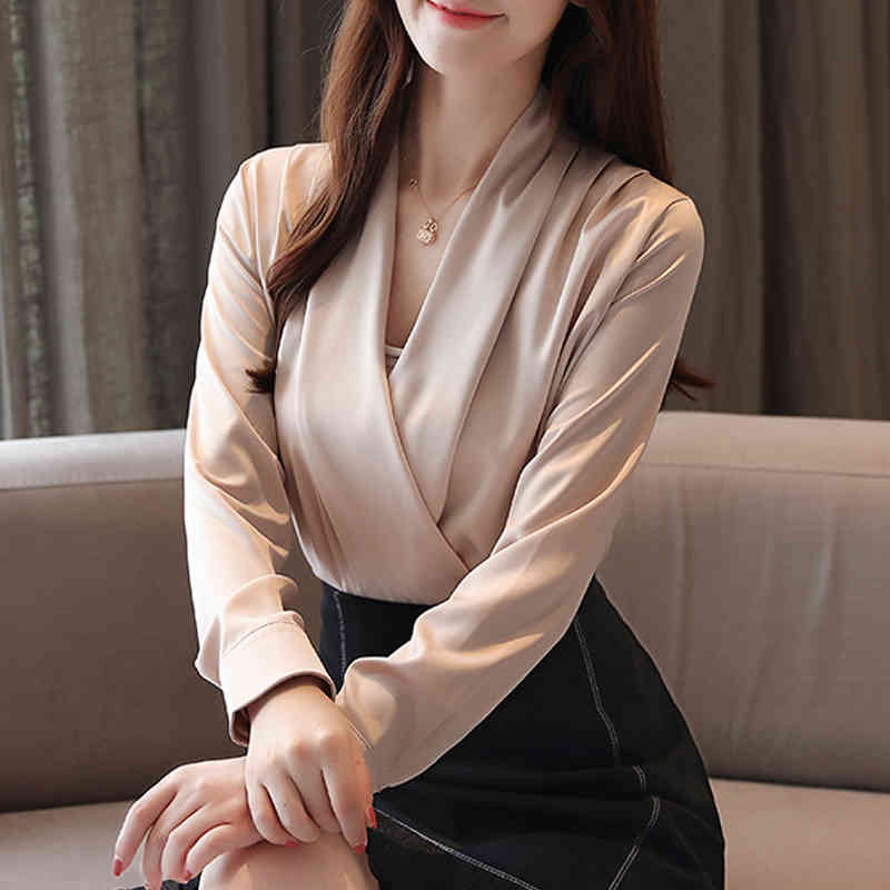 Pullover Poplin Pleated V-neck shirt Autumn Ruffle Women Korean Long Sleeve Blouses Shirt 9 Color Chiffon 820B 210420