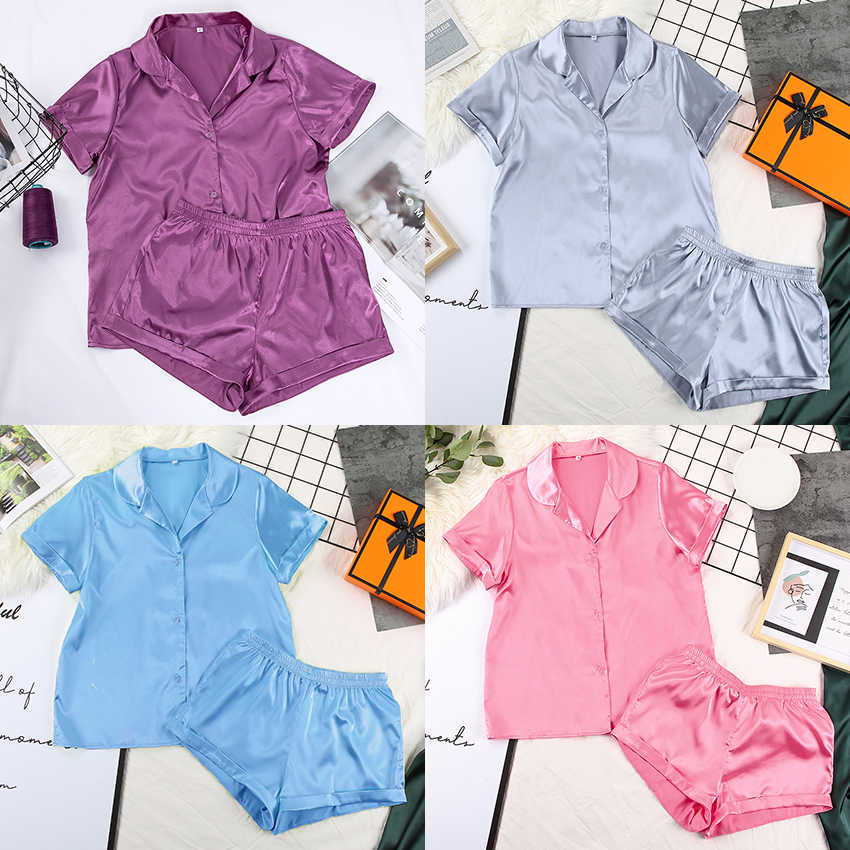 Suphis 5 Colors Satin Nightshirt With Shorts Nightwear Suit Silk Pyjama Short Sleeve Casual Pajama Sets Women Sleepwear Summer 210826