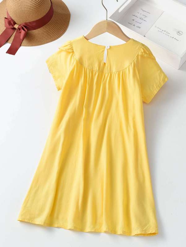 Girls Ruffle Trim Lace Panel Dress SHE