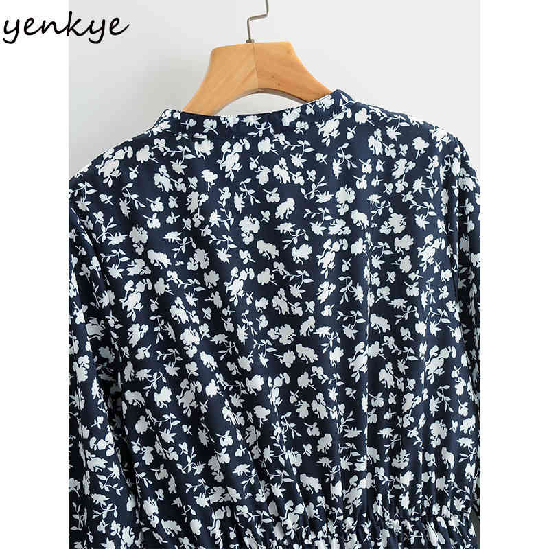 YENKYE Vintage Floral Print Dress Women Lace Up V Neck Long Sleeve Elastic Waist A-line Casual Dress Plus Size Summer Vestido 210515