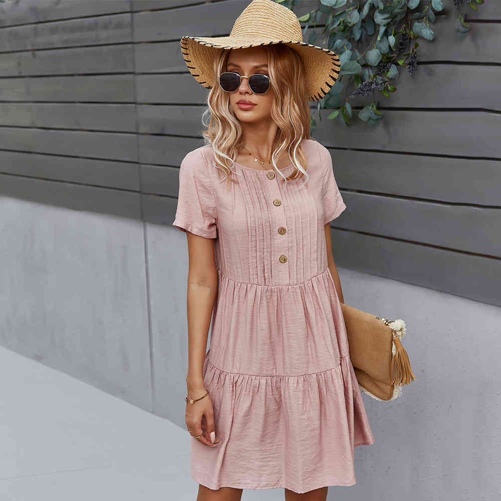 Solid Short Dress Women Casual O Neck Button Summer Dress Ladies Loose Short Sleeve A Line Pleated Dresses Vestidos 210521, Pink
Solid Short Dress Women Casual O Neck Button Summer Dress Ladies Loose Short Sleeve A Line Pleated Dresses Vestidos 210521, Pink