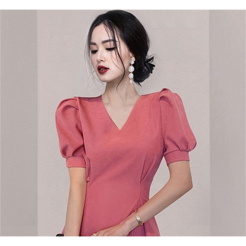 Women's Dress Summer Temperament Elegant V-Neck Puff Sleeve Vintage OL Female Slim Waist A-Line Mini 210519