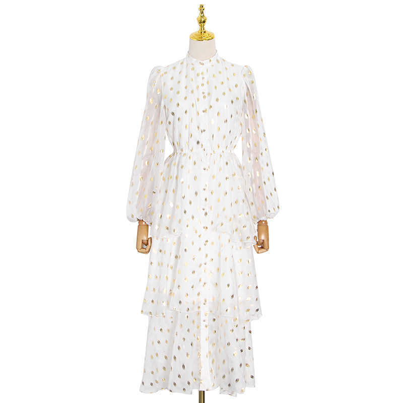 Spring Summer Long Puff Sleeve Stand Collar Femme Robe Elastic Waist Women Dress Korean Fashion Ruffles Vestido 13A133 210525