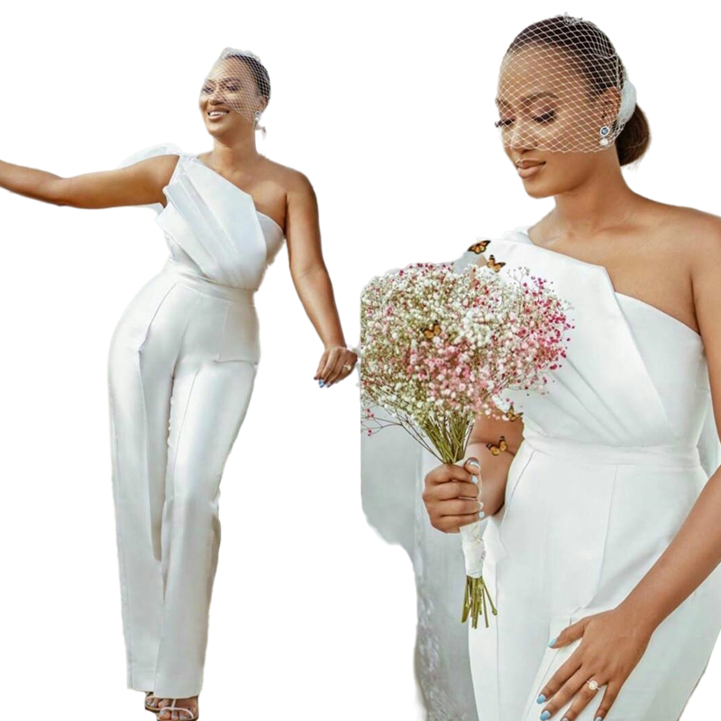 2022 Elegant White One Shoulder Formal Mariage Jumpsuits Evening Dresses Ruched Simple Satin Pant Suits Women Prom Party Wear Custom Made
