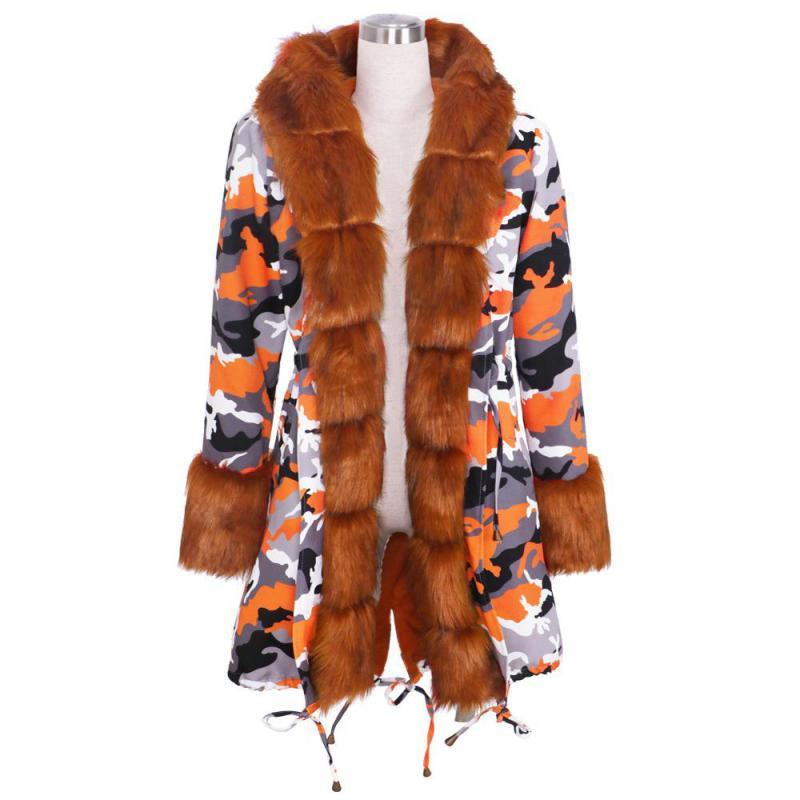 Women Parka Hooded Fur Parkas Thickened Overcoat Warm Winter Coat Printed Drawstring Long Jacket Plus Size 210524
