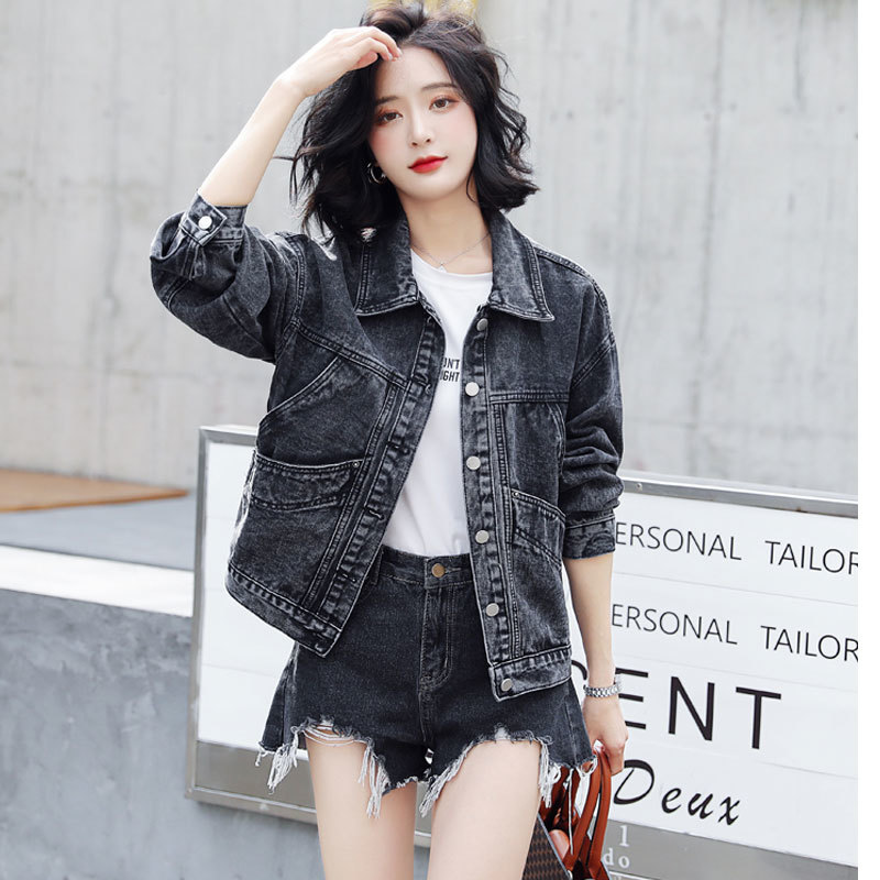 Vintage Denim Jacket Casual Coat Women's Black Autumn Korean-Style Long Sleeve Loose Coats 96B 210420