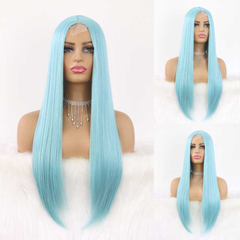 Synthetic Wigs Light Blue Lace Front Long Straight Hair 22 Inch For Fahison Women With Natural Hairline