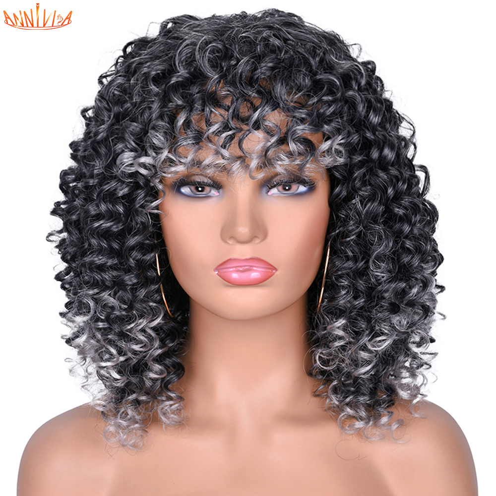 14inch Short Afro Kinky Curly Wig With Bangs For Black And White Women Synthetic Glueless Natural High Temperature Hair Anniviafactory direc