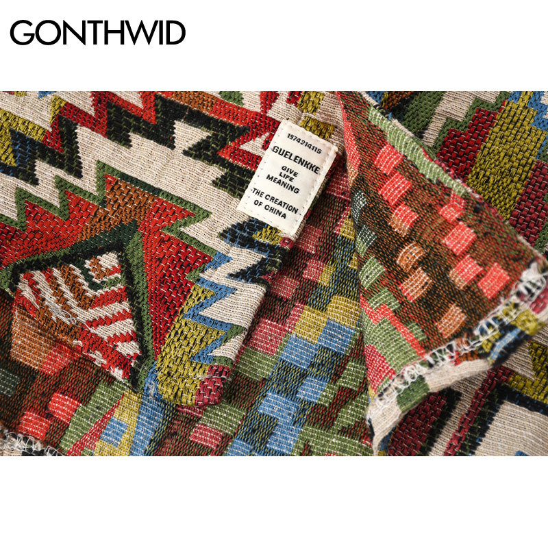 GONTHWID National Style Knitted Geometric Patterns Color Block Button Shirts Harajuku Casual Long Sleeve Tees Tops Streetwear 210410