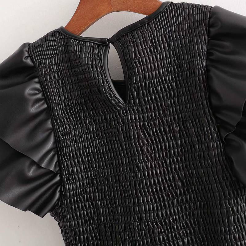 Vintage Woman Long PU Tight Draped Dress Spring-Autumn Fashion Ladies Short Sleeve es Female Casual Streetwear 210515