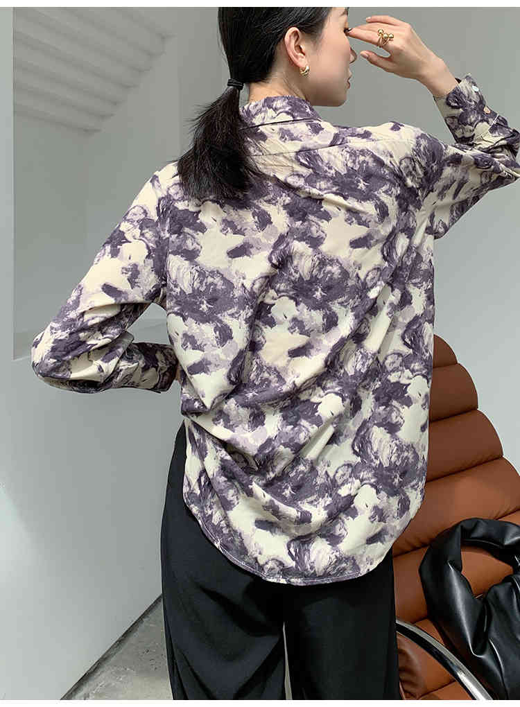 Vintage Purple Floral Print Long Sleeve Womens Tops And Blouses Button Up Collar Shirt Korean Fashion Clothing 210427