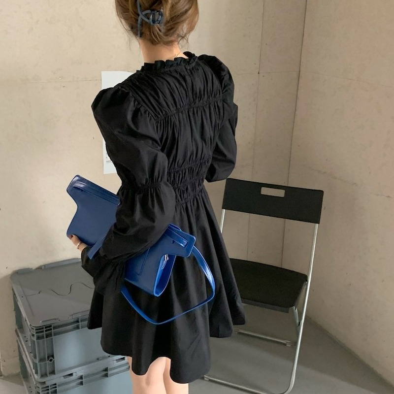 Korean Style Puff Long Sleeve Women Dress Elegant Slim Fit Pleated Vestidos Office Lady Solid High Waist Mini Dresses 210422Z