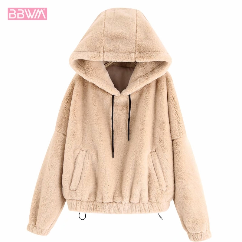 Winter Loose Hooded Long-sleeved Lazy Wind Hooded Korean Female Coat Pocket Solid Color Harajuku Women's Jacket Cute Tops 210507