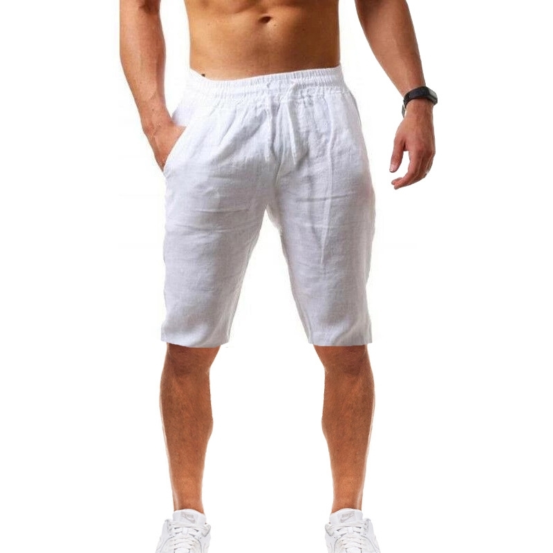 Cotton Linen Men's Shorts Summer Casual Fashion Breathable Solid Beach Shorts Thin Breathable Elastic Waist Male Sweatpants 210603