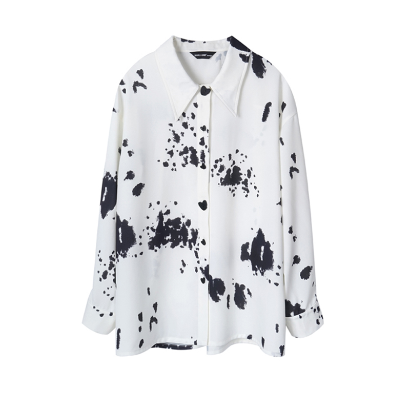 All-match Korean Fashion Single Breasted Women Tops Autumn Cow Spot Printed Blouse Loose Long Sleeve Shirt 11448 210427