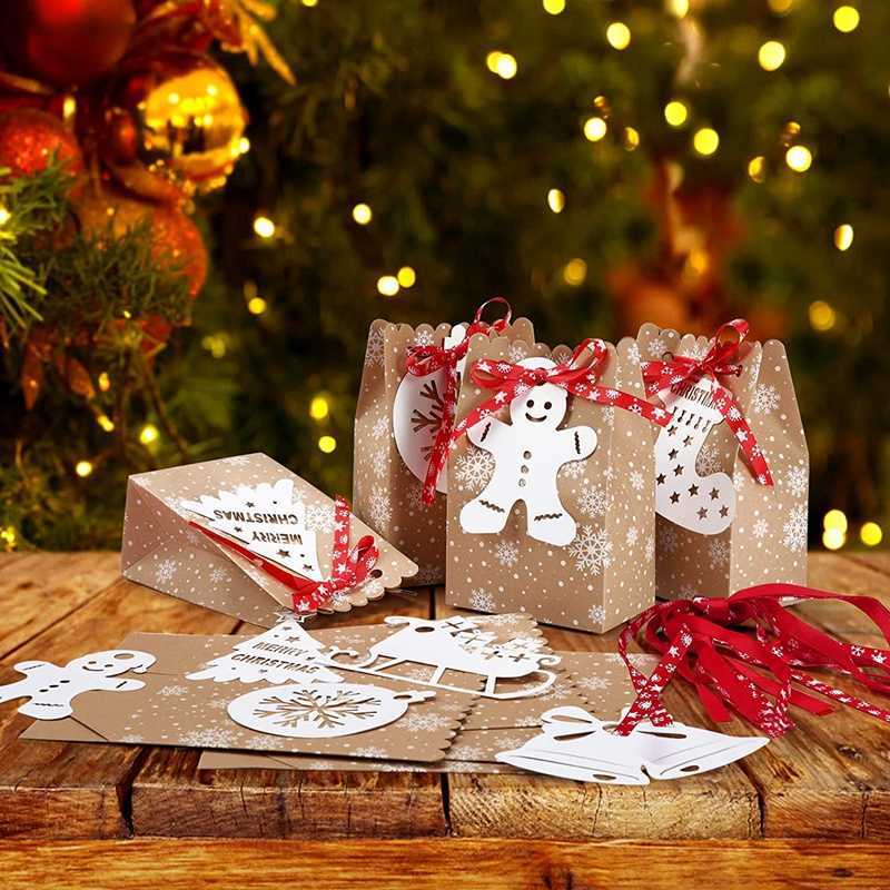 24 Sets Christmas Gift Bags With Tags 7Inch Candy Kraft Paper Cookie Packaging Box Year XMAS Decorations 211025