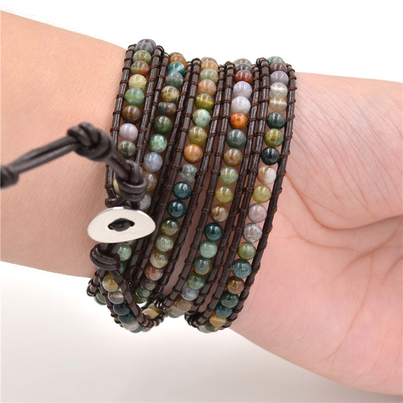 Bohemian Layered Natural Stone Crystal Beaded Strands Bracelet Wrap Leather Rope Boho Multilayer Handwoven Adjustable