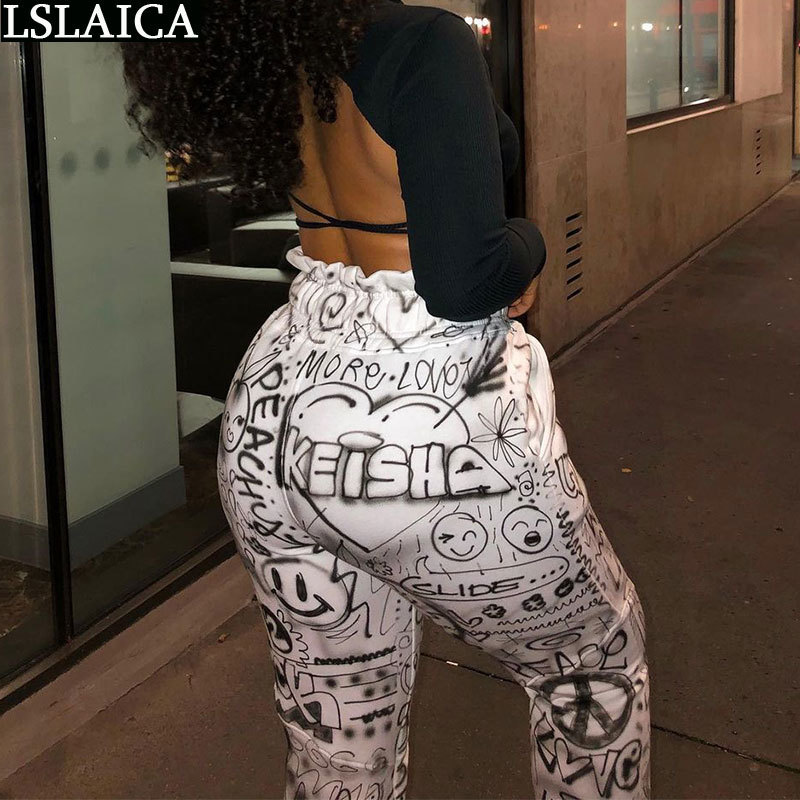 Woman Pants Fashion Streetwear Pocket Sweatpants Women Elastic Waist Casual Loose Drawstring Printing Femme Pantalon 210515
