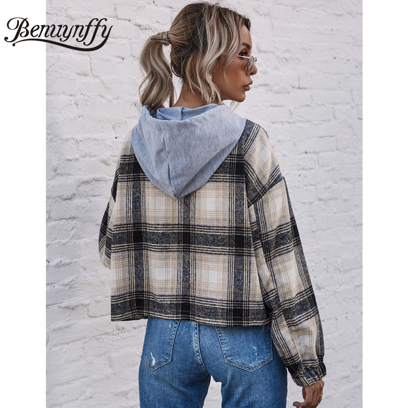 Hooded Drawstring Plaid Coat Women Drop Long Sleeve Zipper Jacket Autumn Fashion Loose Short Casual Female Outwear 210510