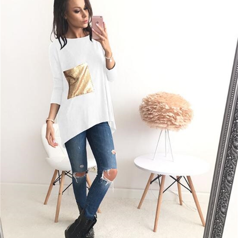 Sequined Fashion Patchwork T-shirts Glitter Women Long Sleeve Shirts Pullovers Loose Tops Girls Shining Casual Tees G1168 210406