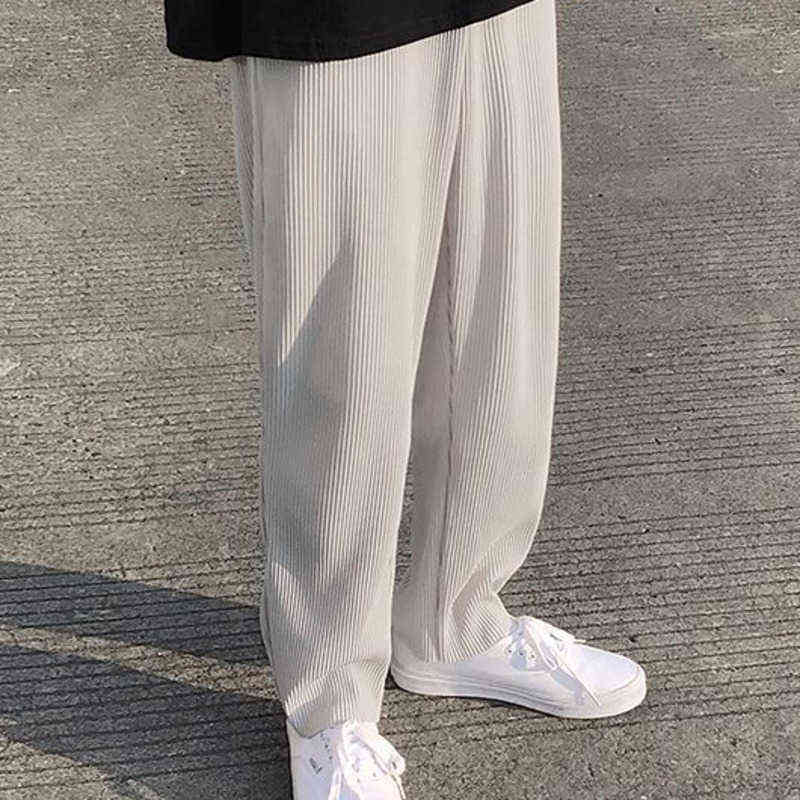 Pleated Straight Pants Men's Fashion Solid Color Elastic Waist Casual Pants Men Streetwear Loose Japanese Trousers Mens 211112