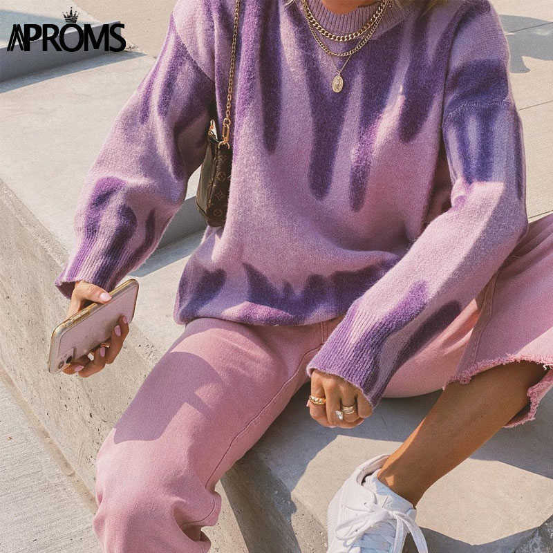 Aproms Korean Fashion Khaki Stripes Print Loose Sweater Winter Hip-Pop Oversized Long Pullovers Streetwear Outerwear 210908