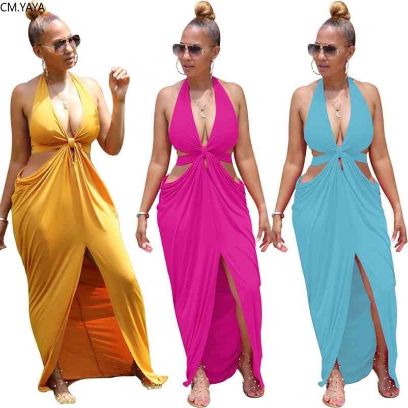 CM.YAYA Women Halter V-neck Open Back Split Irregular Maxi Dress Sexy Party Club Floor Length Beach Long Dresses Vestidos 210409