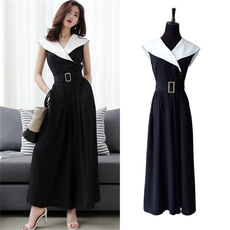 Summer Runway Wide Leg Jumpsuit Black and white Sleeveless High Waist Loose OL Work Women Elegant 210519