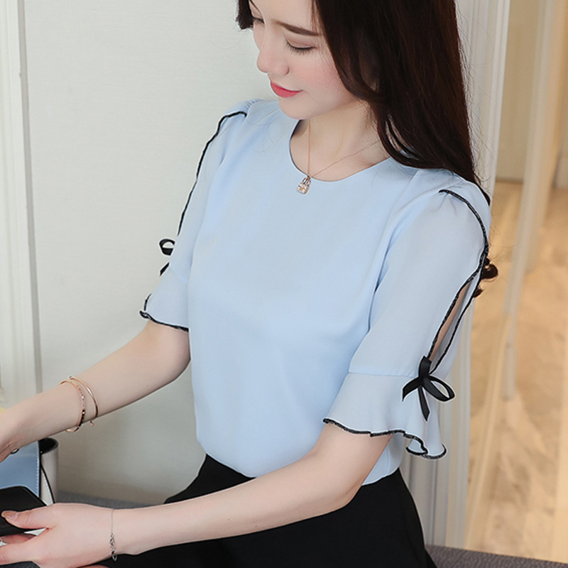 Fashion Chiffon Women Blouse Shirt Bow Short Sleeve Sweet Women's Clothing Pink O-neck Summer Feminine Tops Blusas D621 30 210508