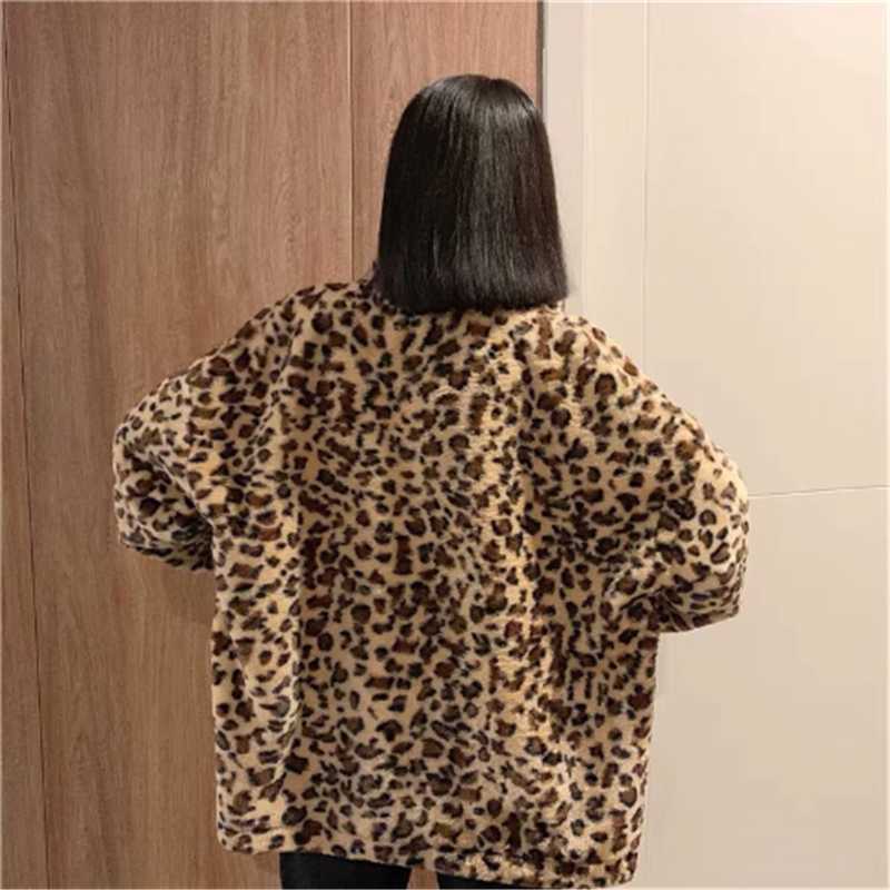 Leopard Print Loose Plush Casual Women'S Jacket Korean Style Autumn Winter Clothing Thick Warm Zipper Sweatshirt Female Coat 210619wtt